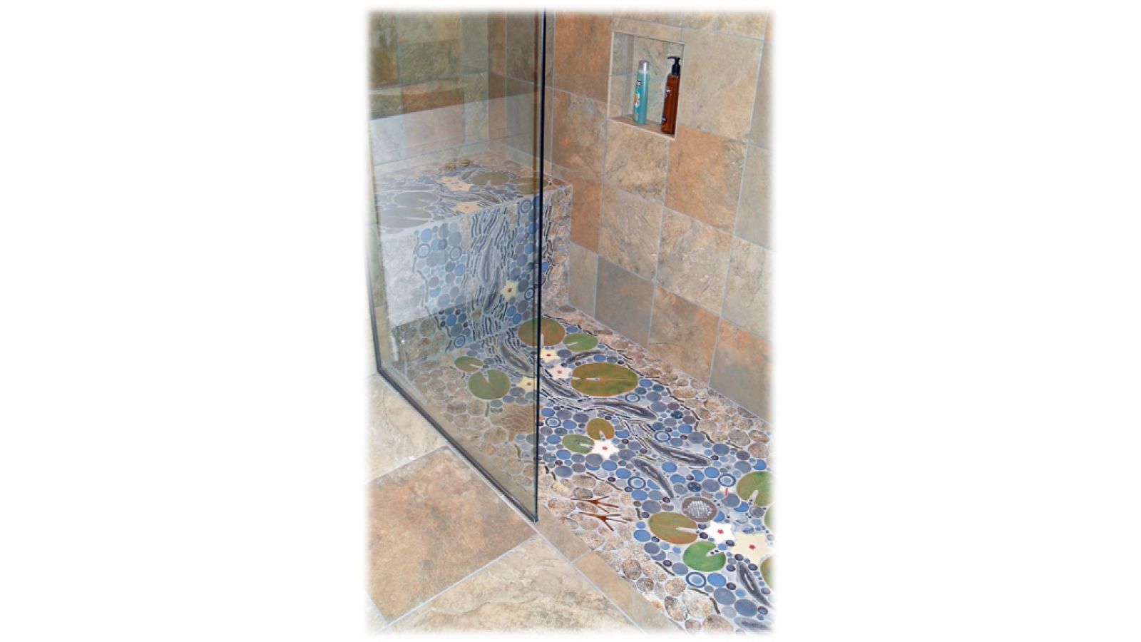 Trout waterfall/stream mosaic tile shower
